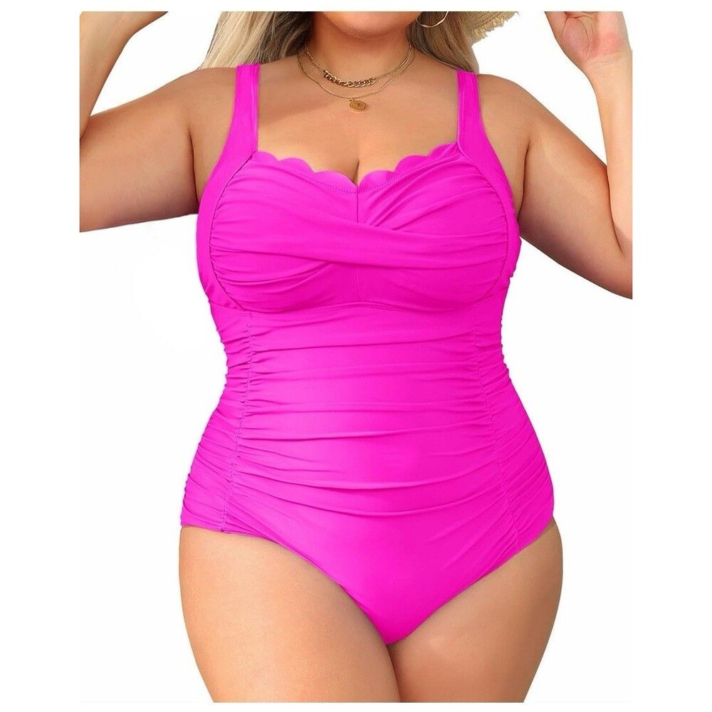Aqua Eve Women's Pink Scalloped Ruched One Piece Swimsuit Adjustable Straps, 22W